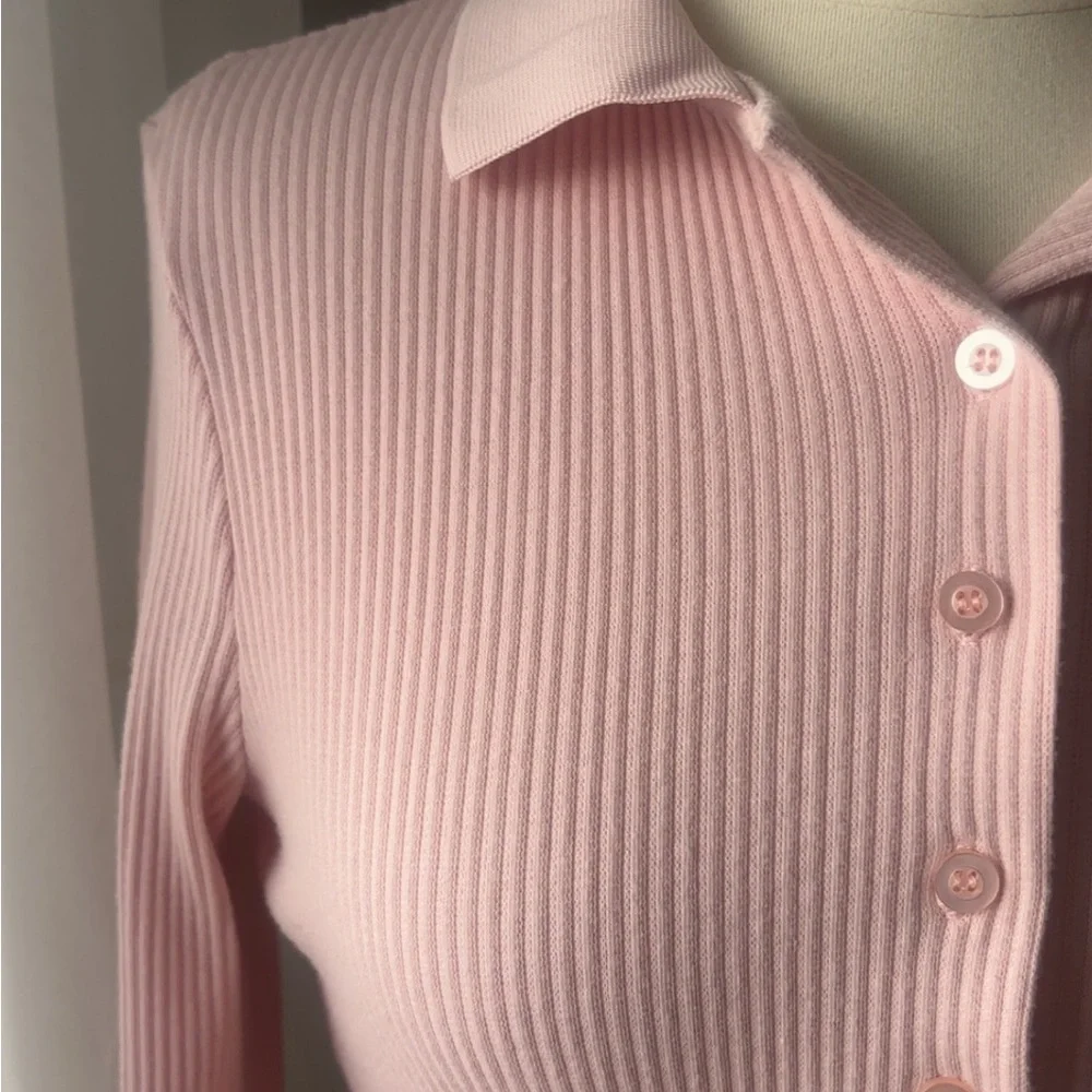 Pink Ribbed Button-Front Long Sleeve Top - Picture 2 of 5